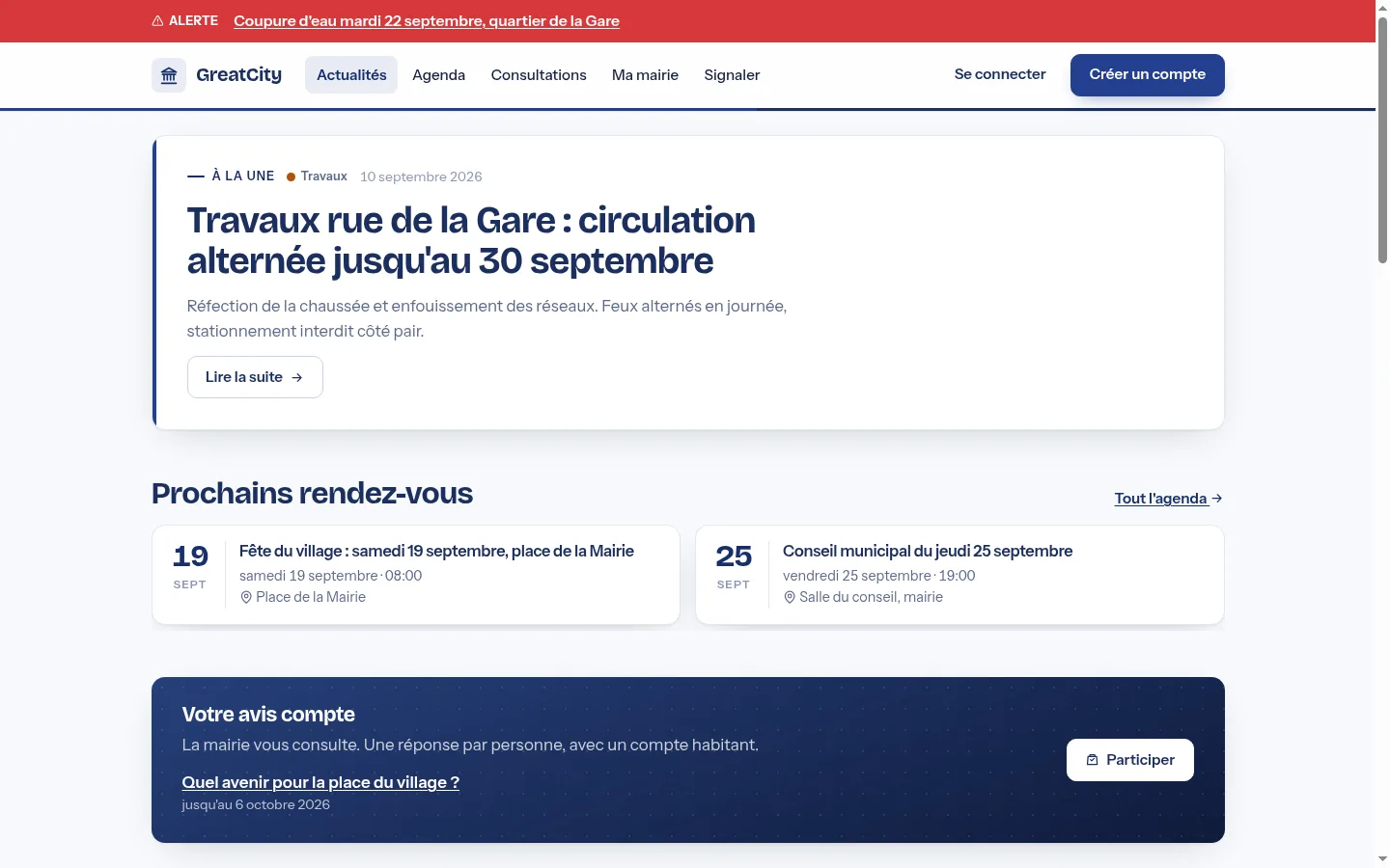 Actu : écran réel de la commune de démonstration.