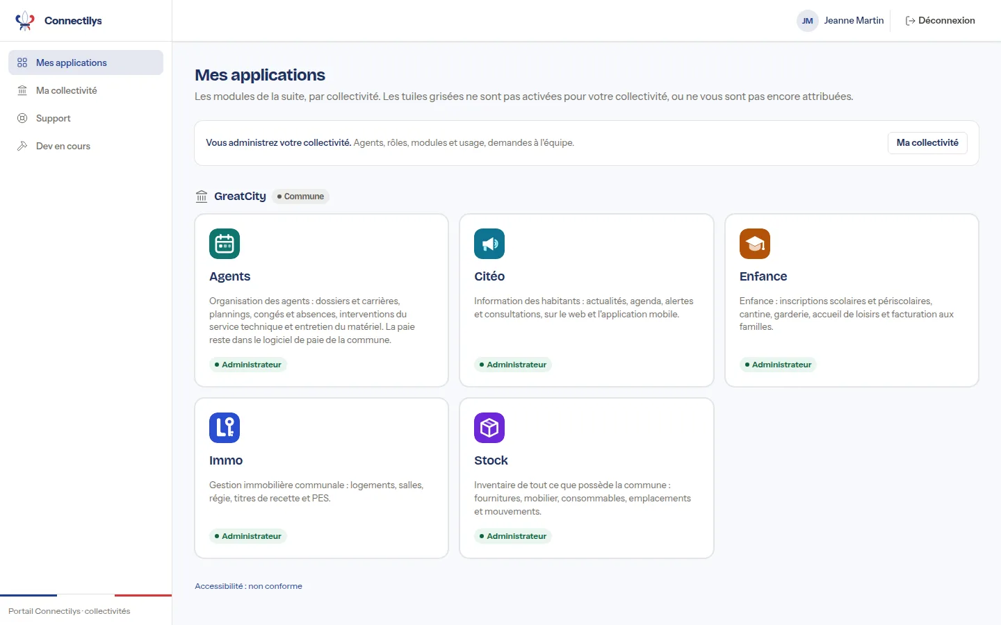 Le portail : une tuile par application, avec le rôle de l'agent, pour la commune de démonstration GreatCity.